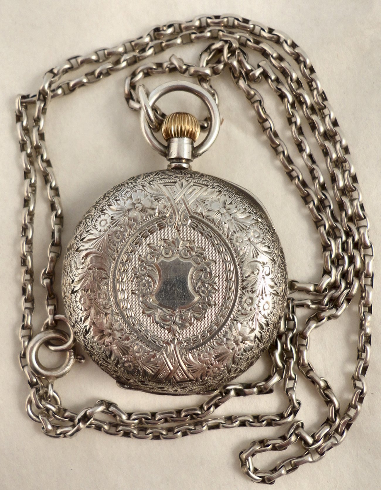 Antique Swiss, Omega, silver fob watch on 27inch silver chain Ian